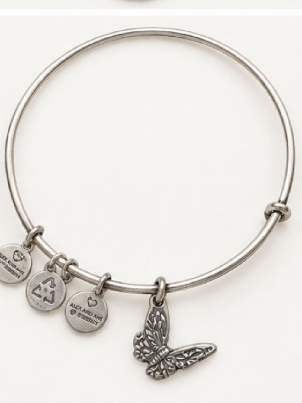 Alex and Ani Silver Butterfly Charm Bangle Bracelet with Signature Tags
